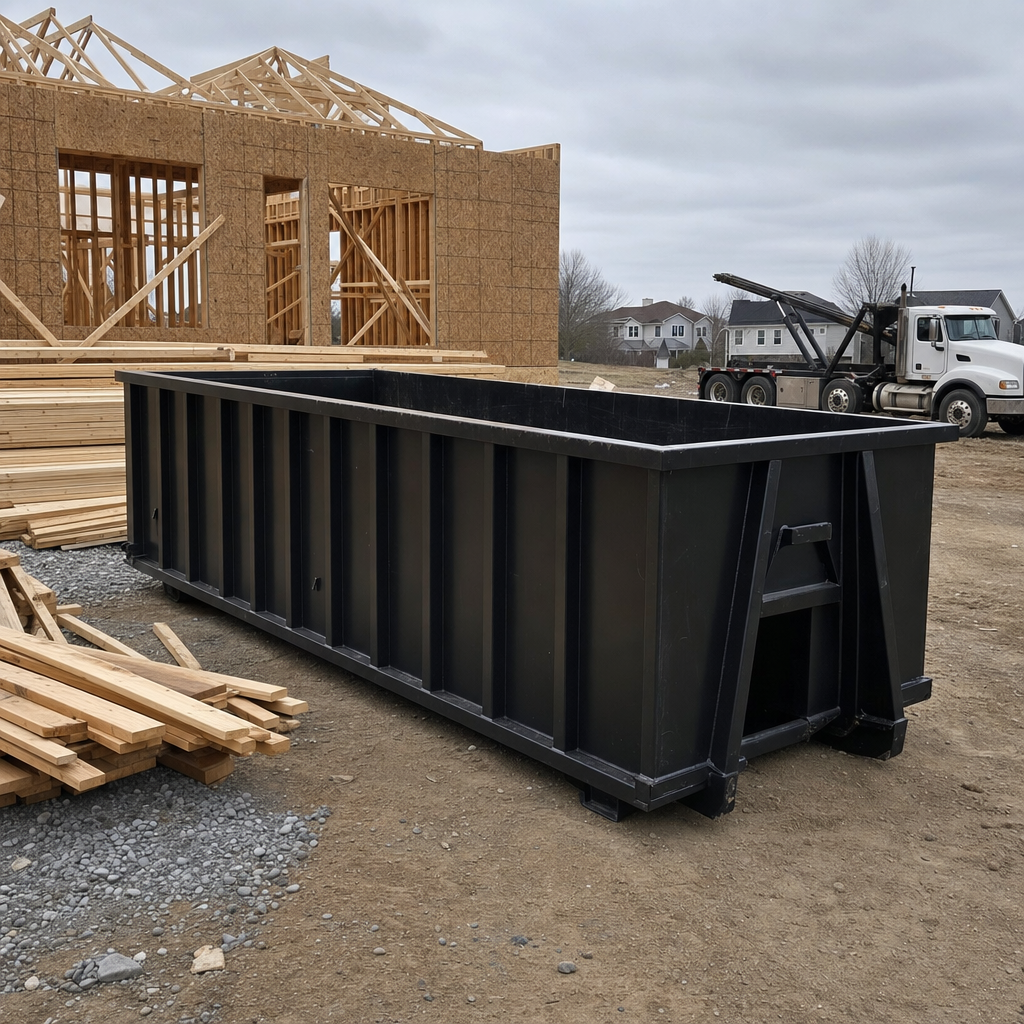 Matte-black 40-yard roll-off dumpster staged on a framed-out residential construction site in Norwalk, framing lumber stacked nearby, hooklift delivery truck visible in the background under bright Colorado daylight
