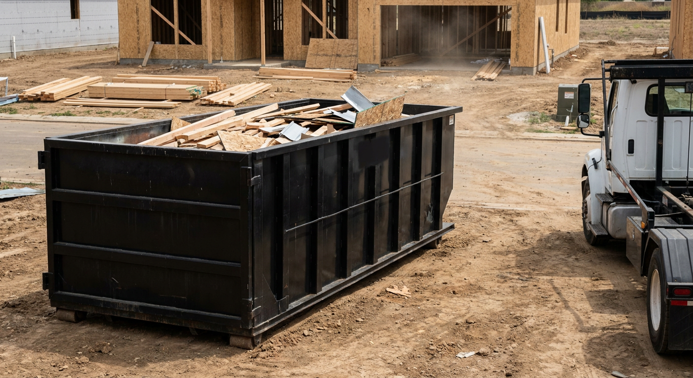 Matte-black 20-yard roll-off construction dumpster with heavy ribbed steel sidewalls and swing rear doors at a working jobsite in Norwalk, sitting directly on compacted dirt with an unmarked white hauler partially visible at the far edge of the frame.