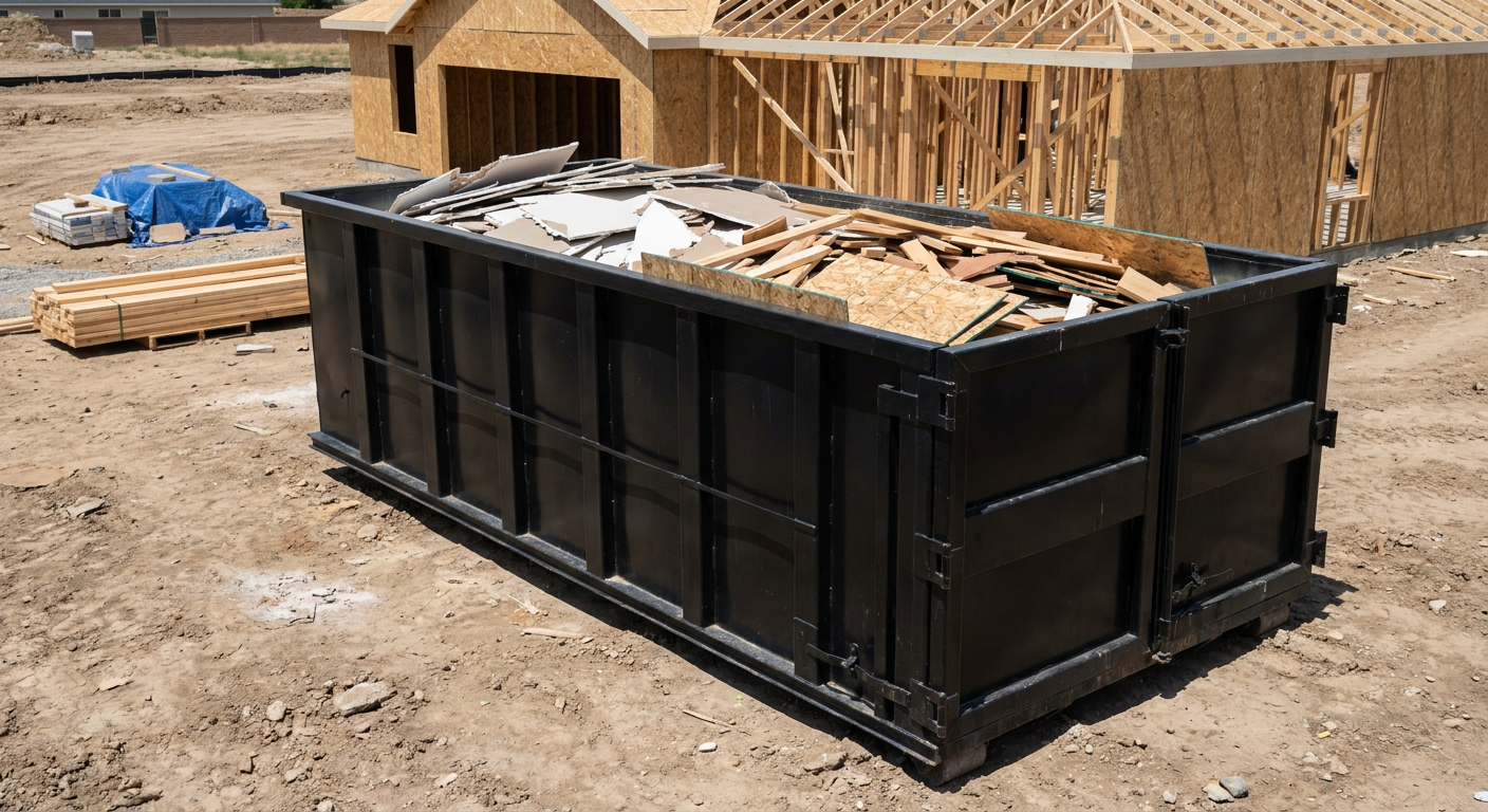 Matte-black 30-yard roll-off construction dumpster sitting directly on the compacted-dirt site of a framed single-family home build in Norwalk, drywall and lumber scrap loaded inside.