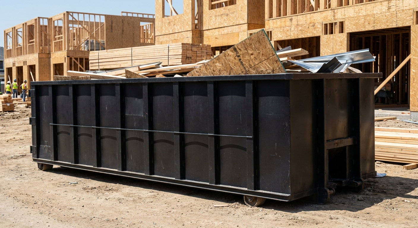 Matte-black 40-yard roll-off construction dumpster being lowered from a white-cab hooklift delivery truck onto the compacted-dirt jobsite at a commercial build site in Norwalk
