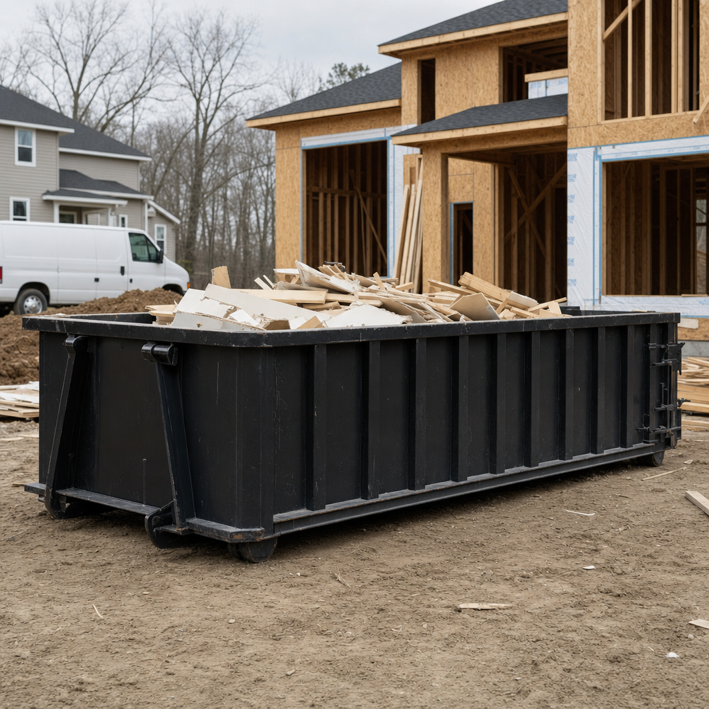 Worker in a yellow high-visibility vest tossing framing lumber and broken drywall into a matte-black 30-yard construction roll-off dumpster on an active build site in Norwalk, bright daylight