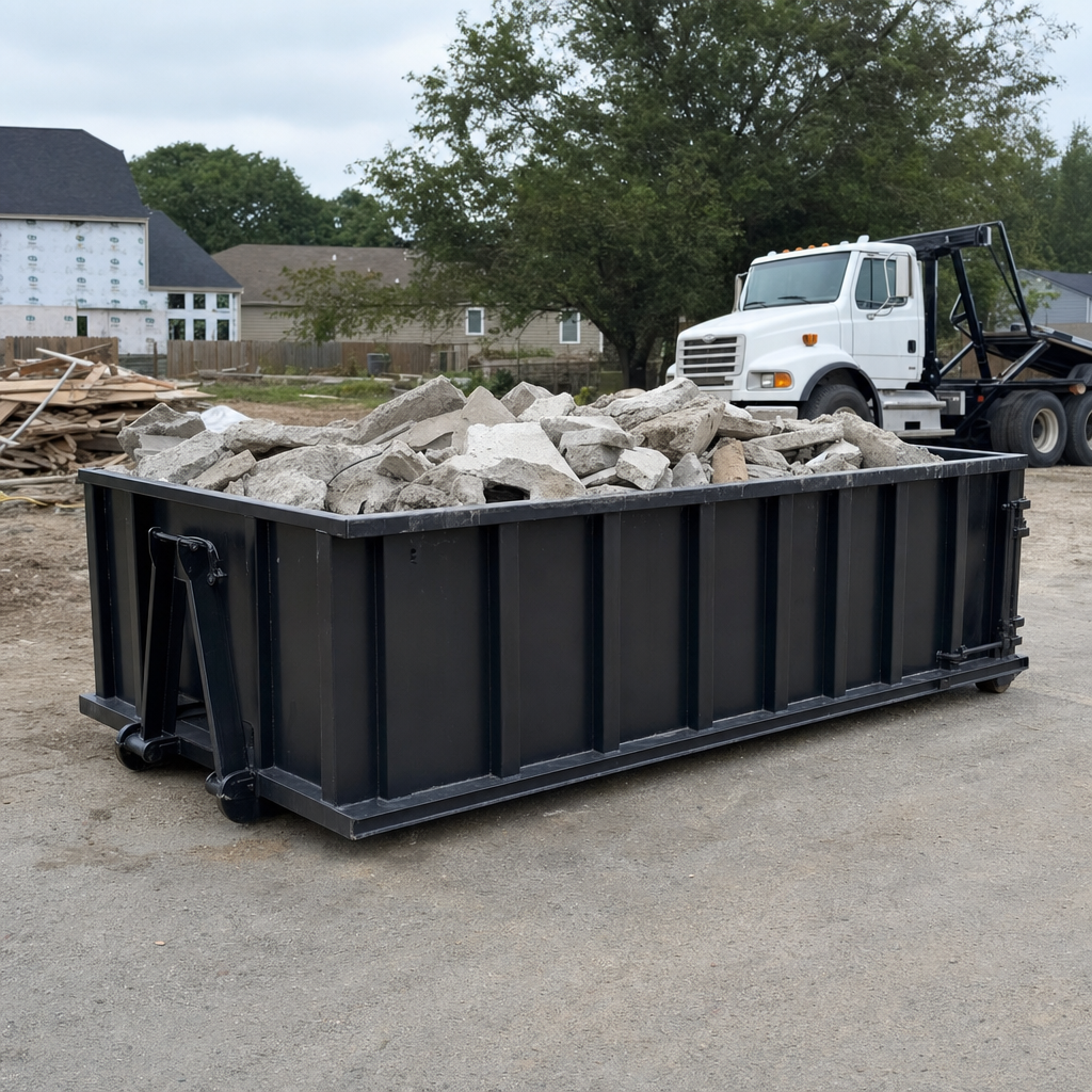 Low-profile matte-black lowboy roll-off dumpster loaded with broken concrete slab and rebar at a foundation tear-out in Norwalk, skid steer parked beside it, sunny Colorado morning