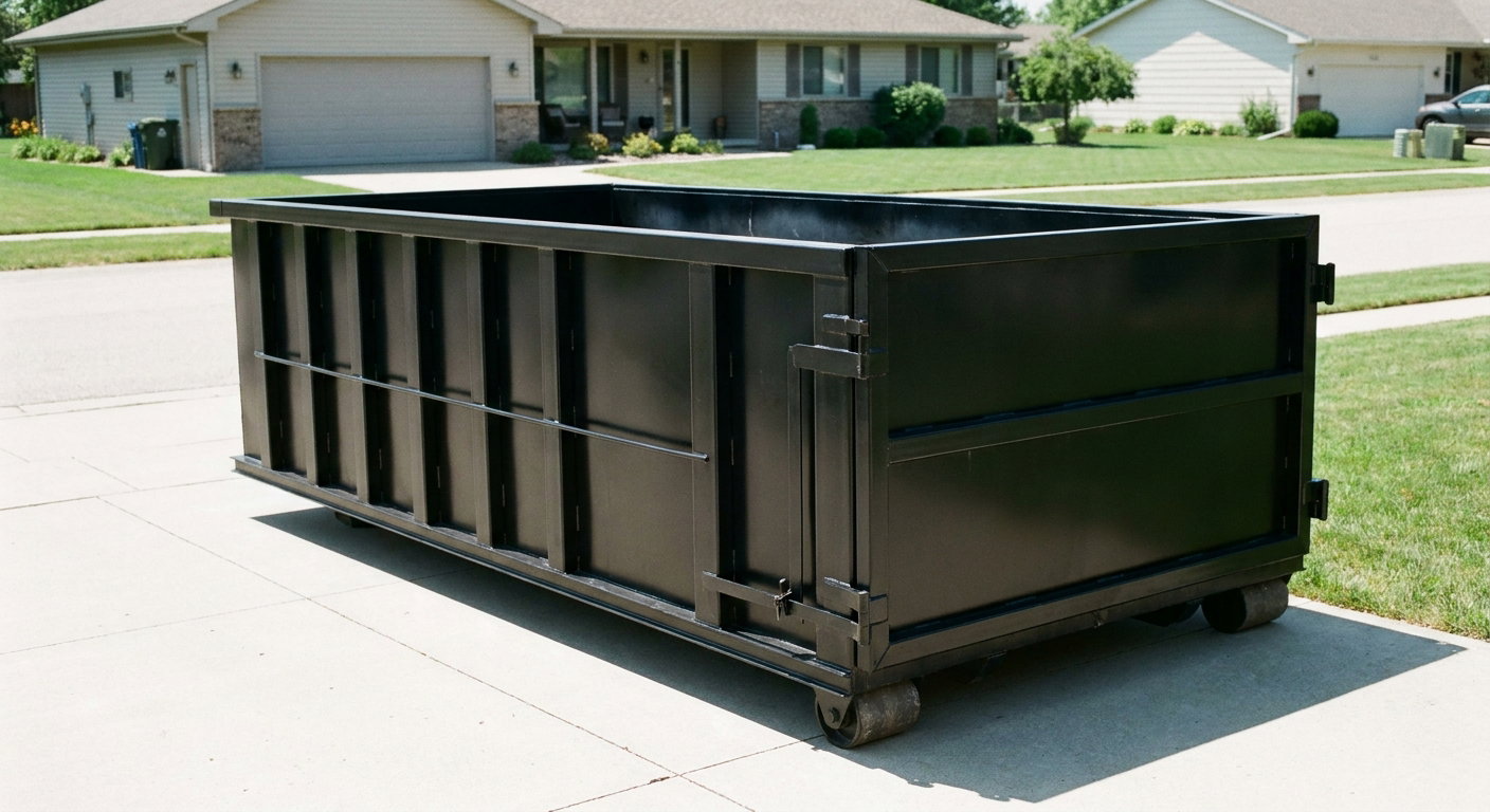 Matte-black 10-yard roll-off dumpster on a residential concrete driveway in Norwalk, uniformly painted matte black across every panel and rail, ribbed steel sidewalls and rear swing door visible, mid-day daylight.