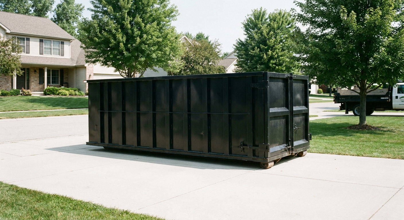 Matte-black 20-yard roll-off dumpster sitting level on a clean Stamford residential concrete driveway under bright daylight, demonstrating clean placement directly on the concrete.