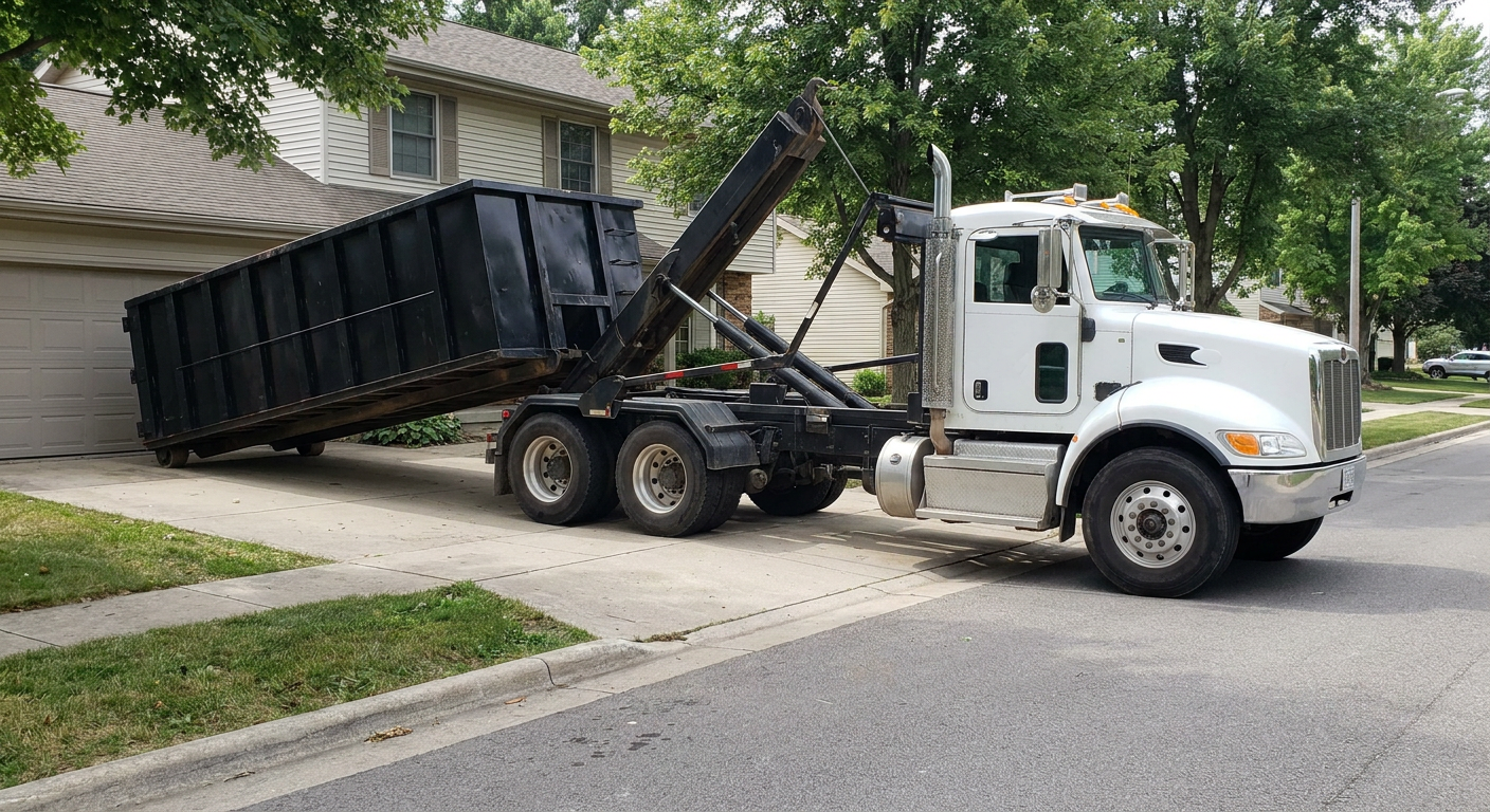 White-cab hooklift roll-off truck actively lowering a matte-black dumpster onto a Stamford residential concrete driveway, the dumpster's rear wheels touching the driveway as the hoist arm tilts the bed forward, mid-morning daylight.