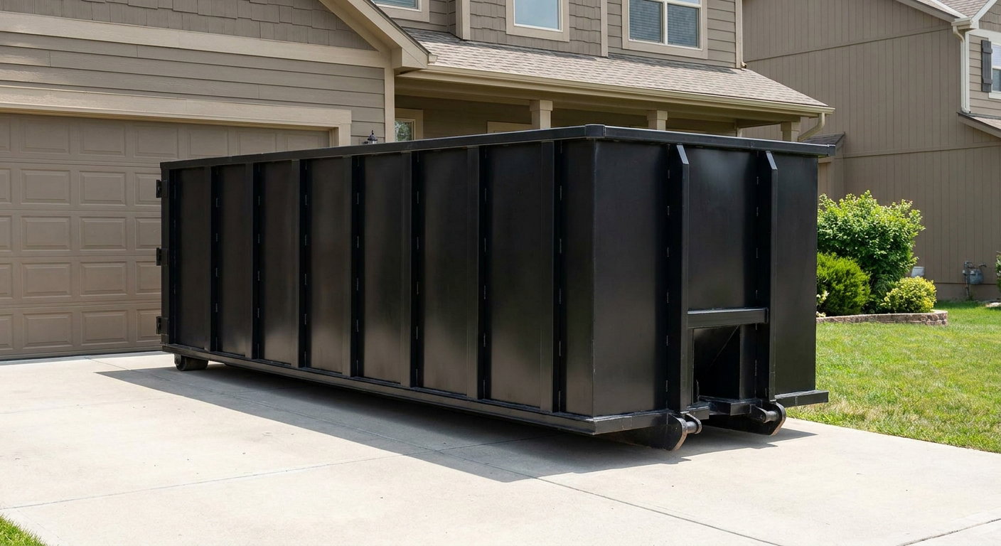Matte-black residential roll-off dumpster sitting directly on a suburban Norwalk concrete driveway, garage door closed, single-family home in background, bright morning daylight.