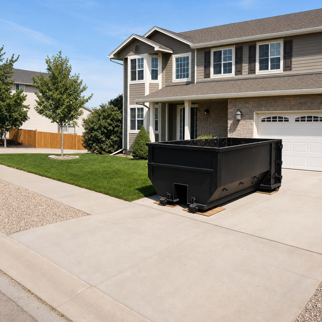 10-yard matte-black residential dumpster placed directly on a narrow Norwalk concrete driveway, room remains for a parked sedan beside it, mid-morning natural light