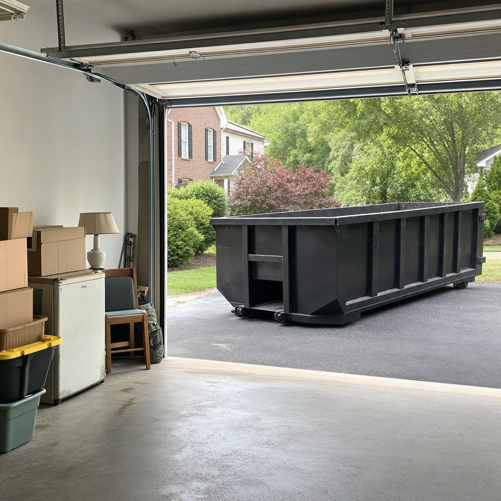 Open garage interior in a Norwalk home mid-cleanout — boxed items, an old appliance, and stacked yard tools queued near the driveway for a matte-black roll-off dumpster, organized and calm