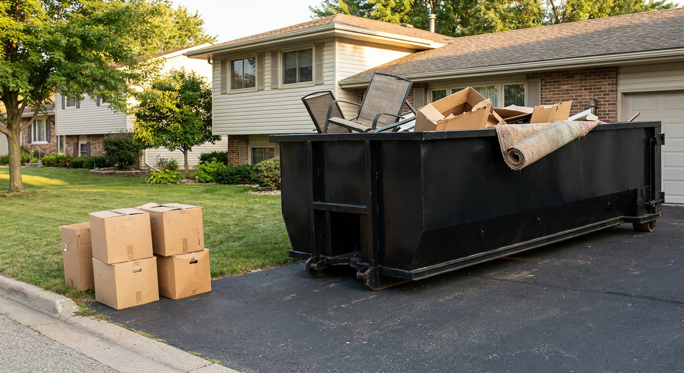 Front-yard view of a Norwalk split-level home with a 20-yard matte-black roll-off dumpster sitting directly on the asphalt driveway, a few clearly labeled donation boxes staged at the curb, calm sunny afternoon.