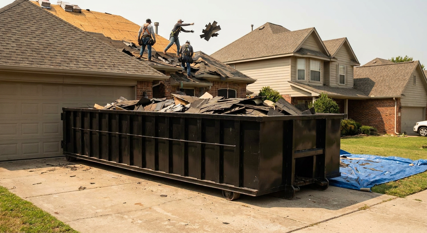 Matte-black roofing roll-off dumpster placed directly on a Norwalk residential concrete driveway, a tear-off crew on a two-story asphalt-shingle roof tossing shingle bundles into the low-walled container, bright daylight, documentary 35mm perspective.