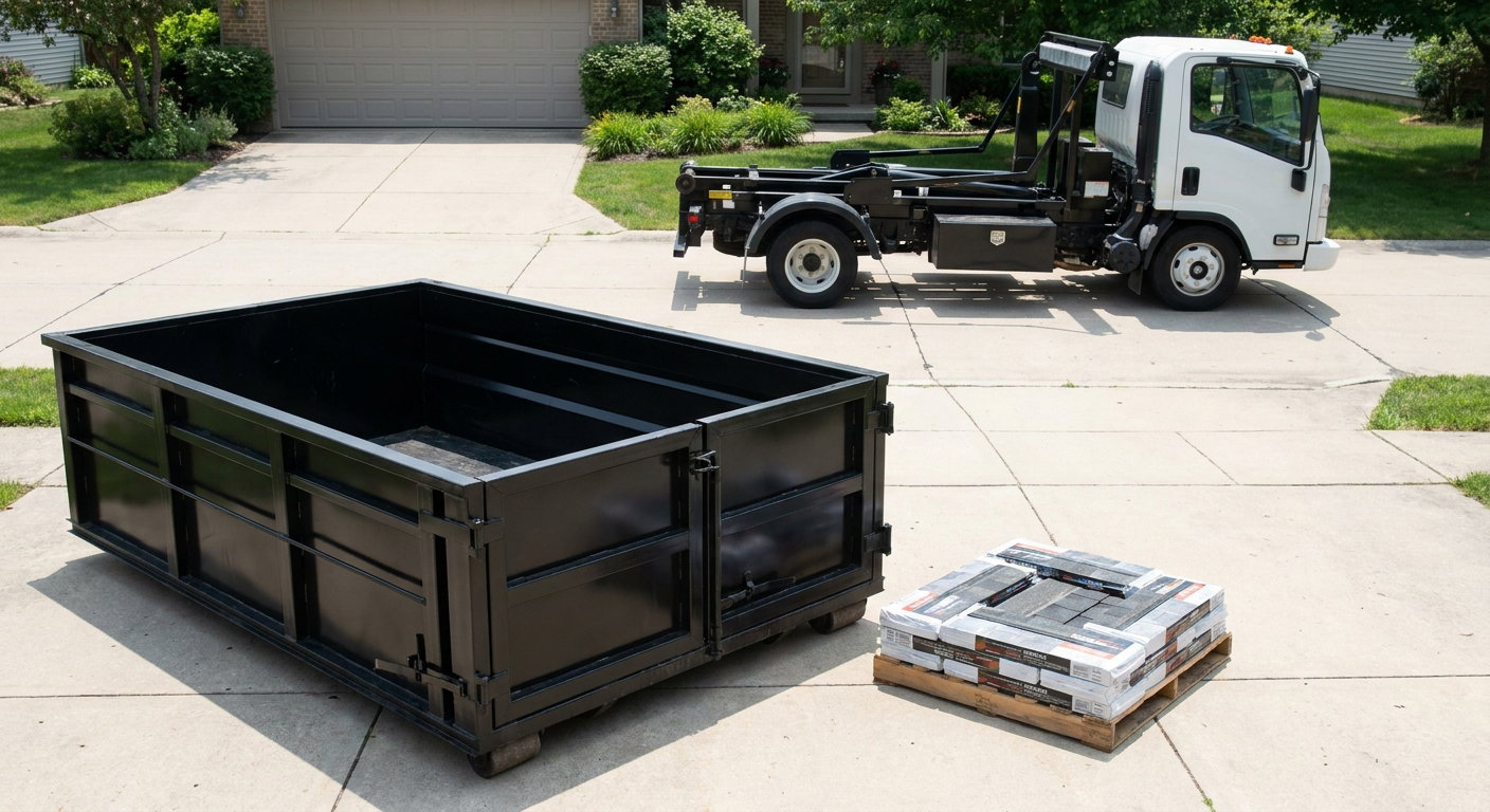 Matte-black 15-yard roofing roll-off dumpster with reinforced low side walls sitting directly on a Norwalk residential concrete driveway, three-tab asphalt shingle bundles stacked nearby, an unmarked white hauler truck partially visible at the edge of the frame.