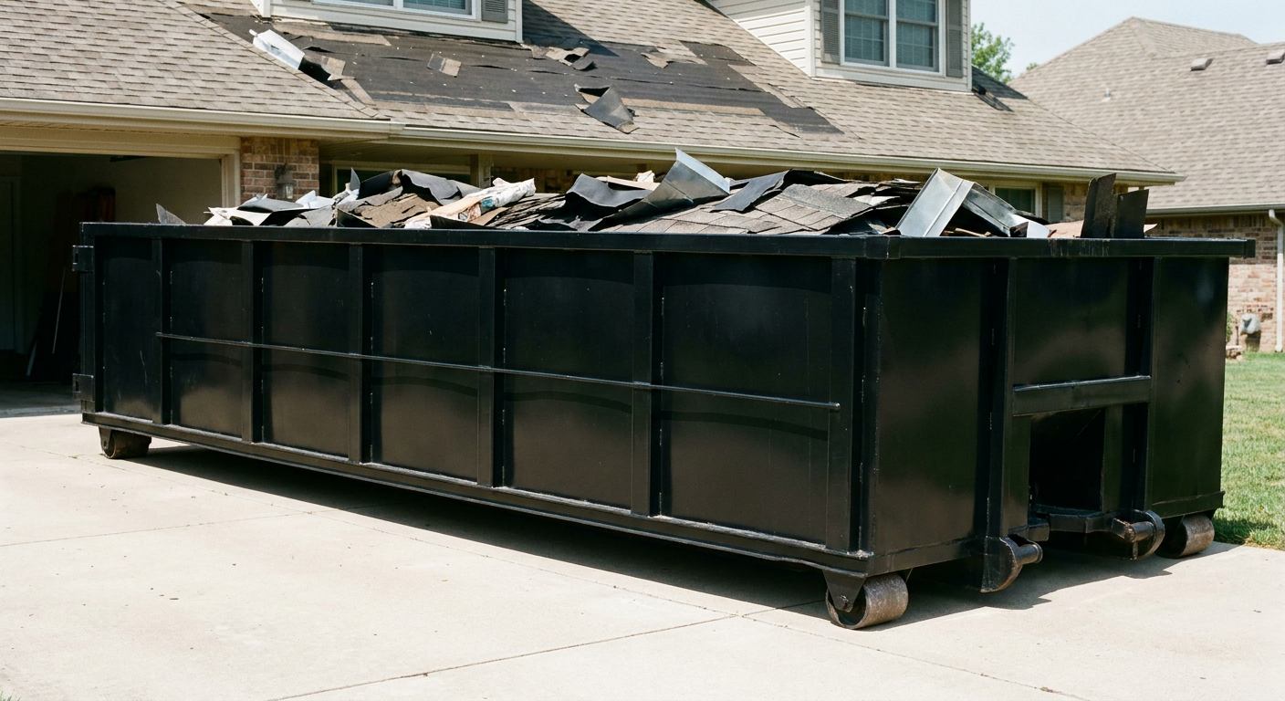 Matte-black 20-yard roofing roll-off dumpster with steel ribbed sides and swinging rear door, sitting directly on the concrete driveway of a two-story Norwalk home, asphalt shingle debris being loaded over the low wall, clean documentary lighting.