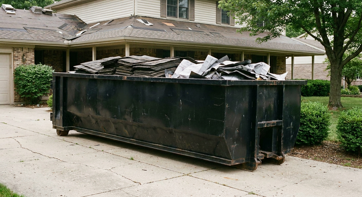 Matte-black 30-yard roofing roll-off dumpster sitting directly on a Norwalk concrete driveway, taller ribbed steel side panels, mixed tear-off debris of asphalt shingles and underlayment inside, professional documentary daylight.