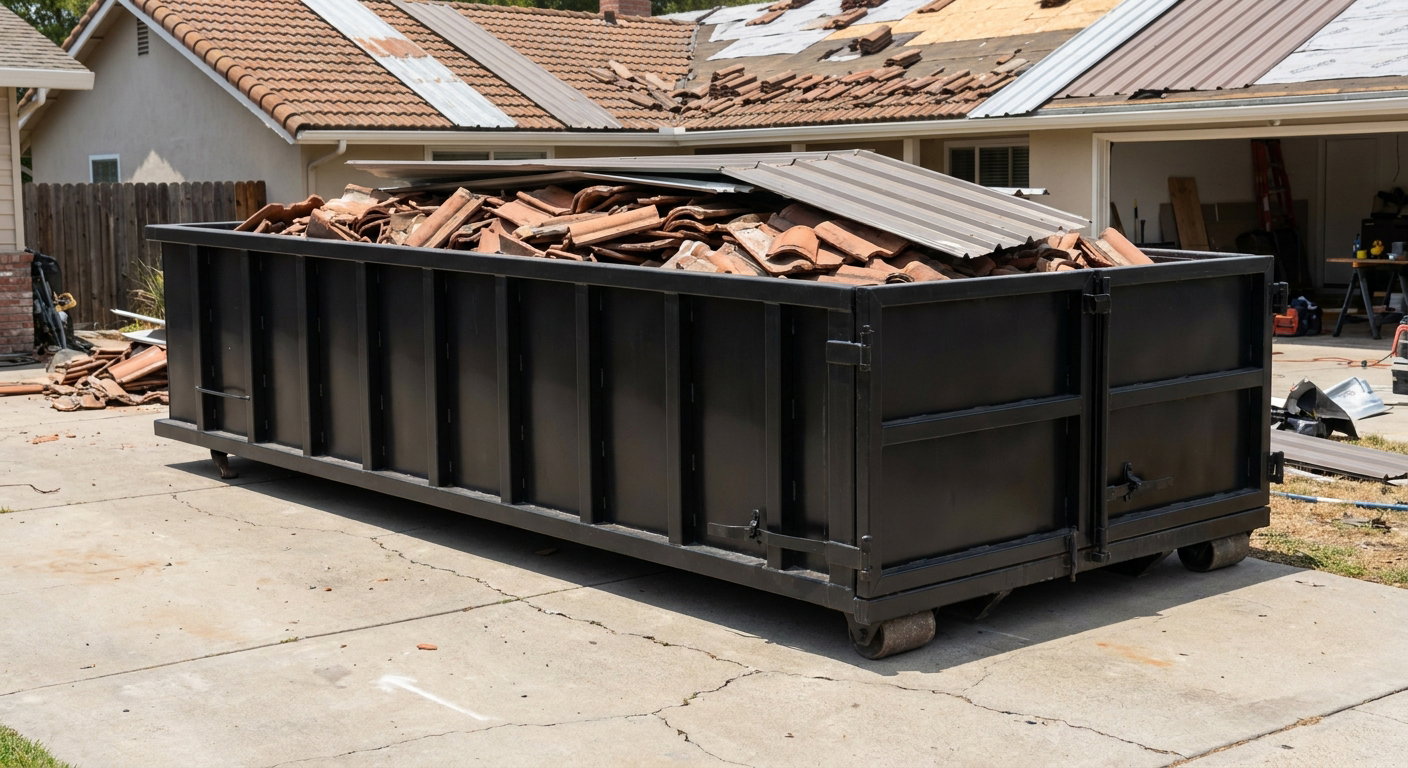 Matte-black low-wall heavy-debris roofing roll-off dumpster sitting directly on a Norwalk concrete driveway, broken concrete clay roof tiles and metal panel sections loaded inside, reinforced ribbed steel side walls visible, bright outdoor daylight.