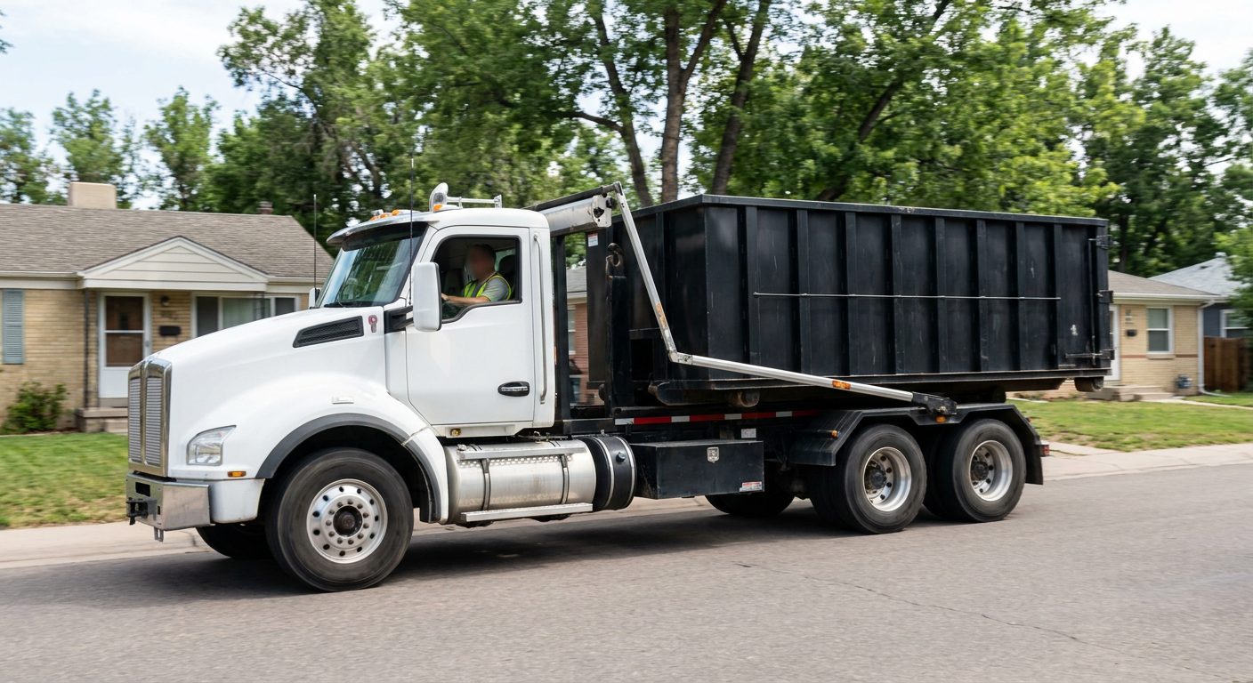 A wide documentary shot of a matte-black roll-off delivery truck pulling onto a quiet Norwalk residential street at mid-morning, with neighborhood rooftops and tree-lined blocks visible behind, showing the metro coverage footprint.