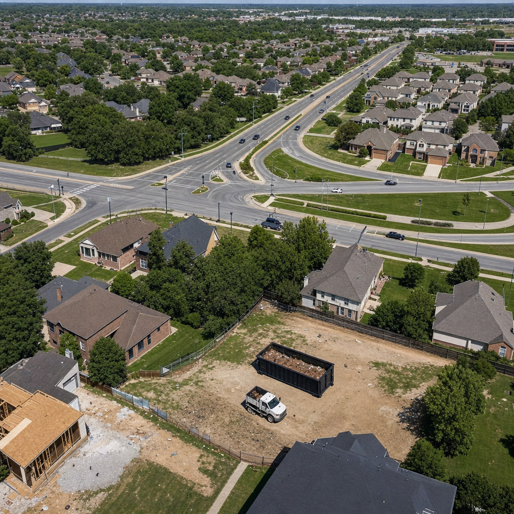An overhead documentary view of the Norwalk metro area at midday, showing the spread of neighborhoods, arterial roads, and the dispatch radius from a central yard — clean daylight, organized geographic layout.