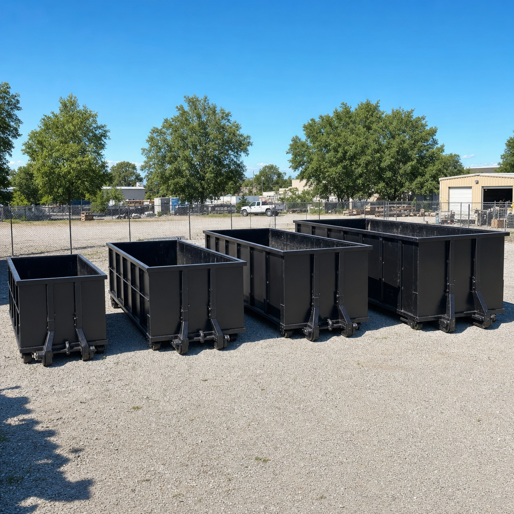 A clean lineup of matte-black roll-off dumpsters in 10, 20, 30, and 40-yard sizes staged on a sunlit gravel yard in Norwalk, showing the size progression from compact to commercial-scale containers.