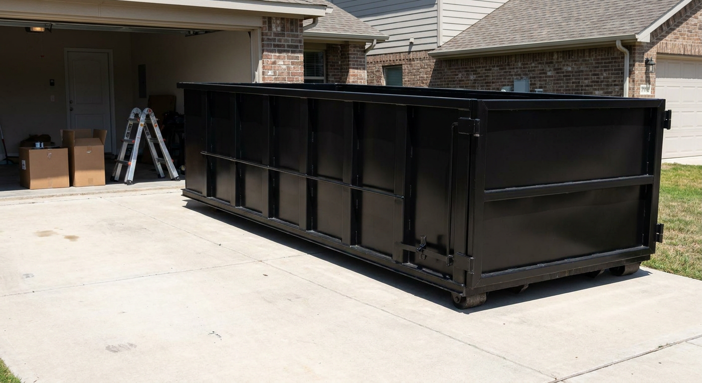 A matte-black 10-yard roll-off dumpster sitting directly on a residential Norwalk concrete driveway, mid-day sunlight, clean and ready for a garage cleanout.