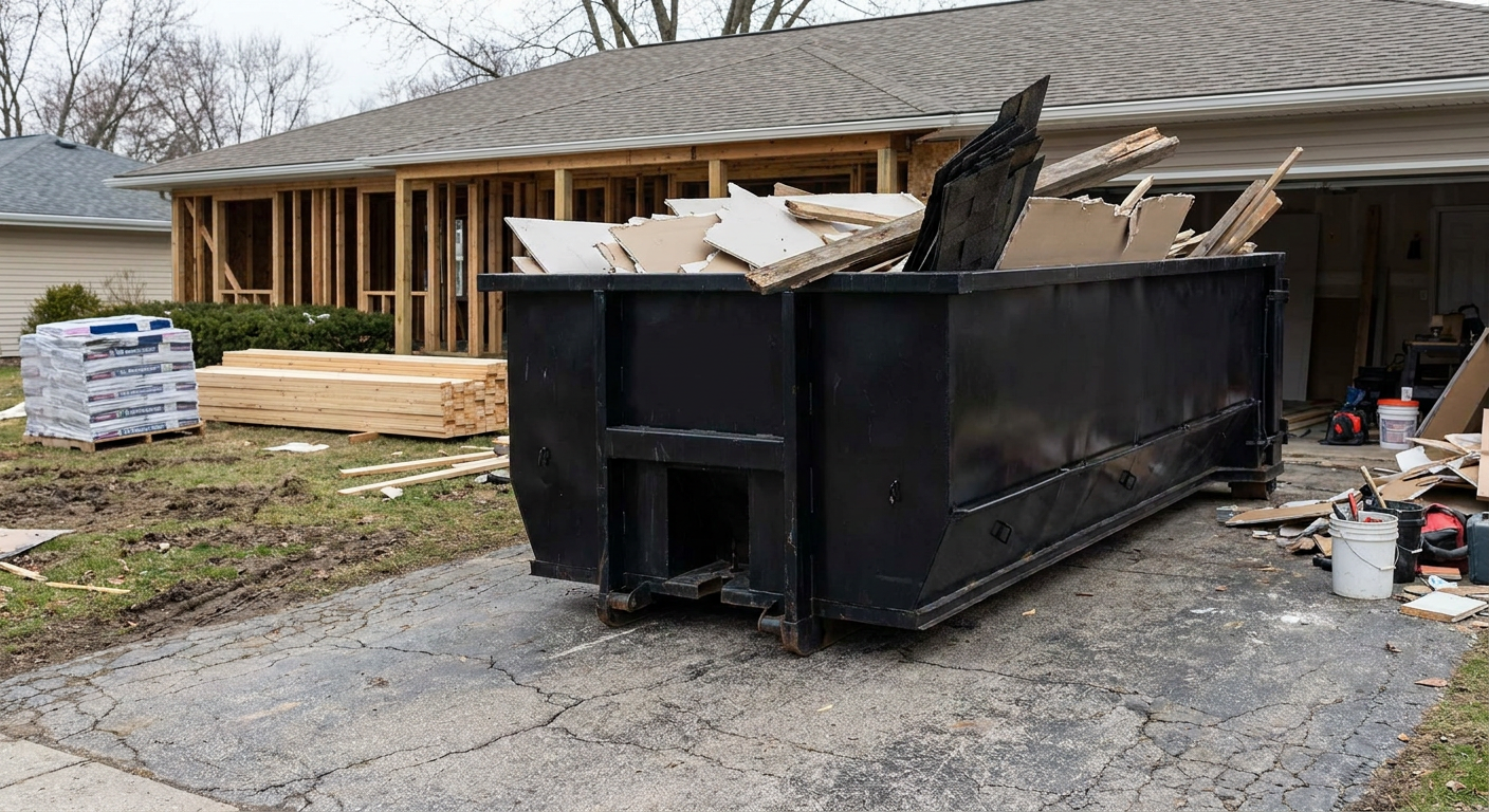 A matte-black 20-yard roll-off dumpster placed alongside a mid-renovation Norwalk home directly on the asphalt driveway, with framing materials and torn-off shingles staged neatly nearby.