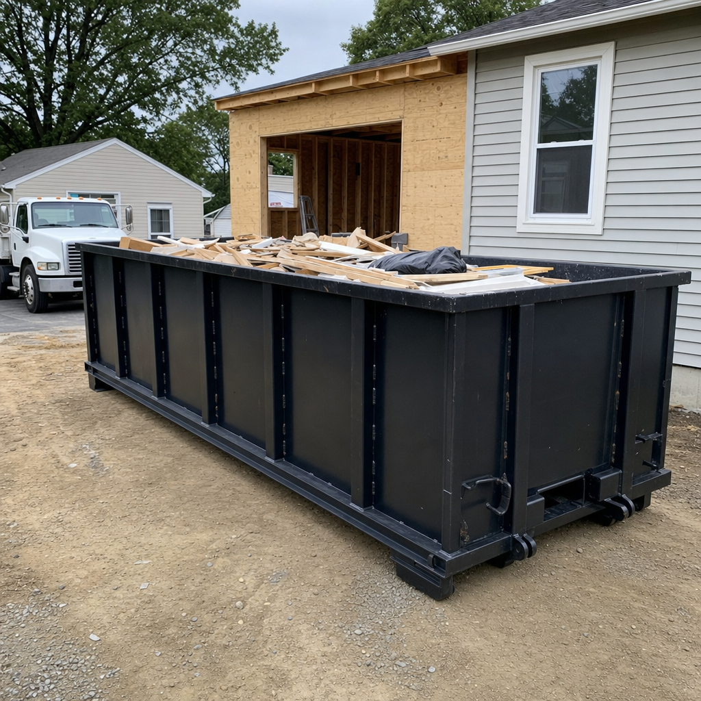 A matte-black 30-yard roll-off dumpster positioned at a Norwalk residential addition jobsite, with framing lumber and drywall scraps loaded through the open swinging rear doors.