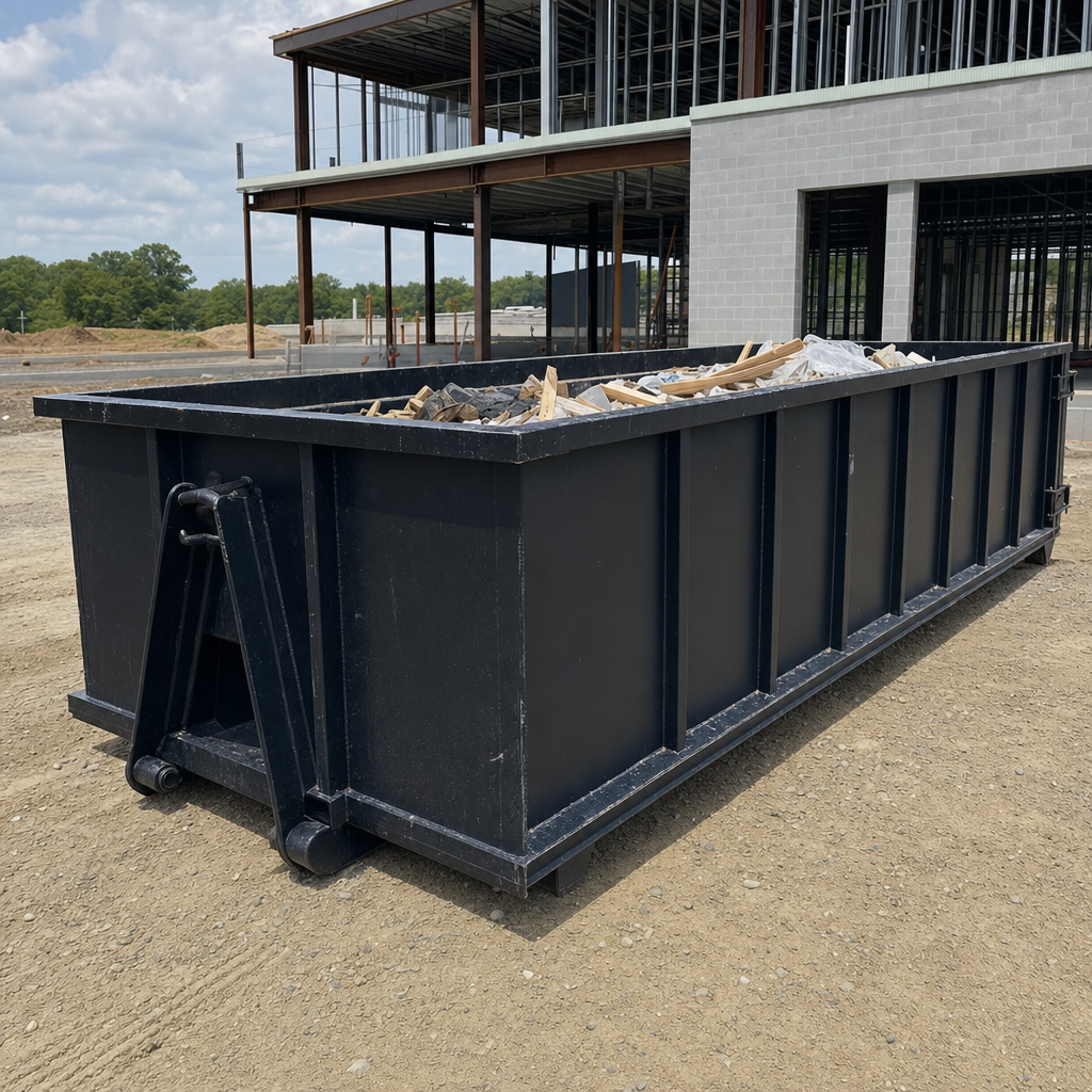 A matte-black 40-yard roll-off dumpster staged on a large Norwalk commercial construction lot, with a hooklift delivery truck parked alongside under bright midday sky.