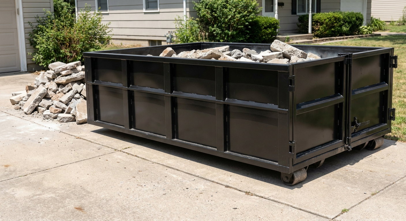 A matte-black low-side heavy-debris roll-off dumpster placed directly on a Norwalk concrete driveway, with broken concrete chunks neatly stacked beside it under clean daylight.
